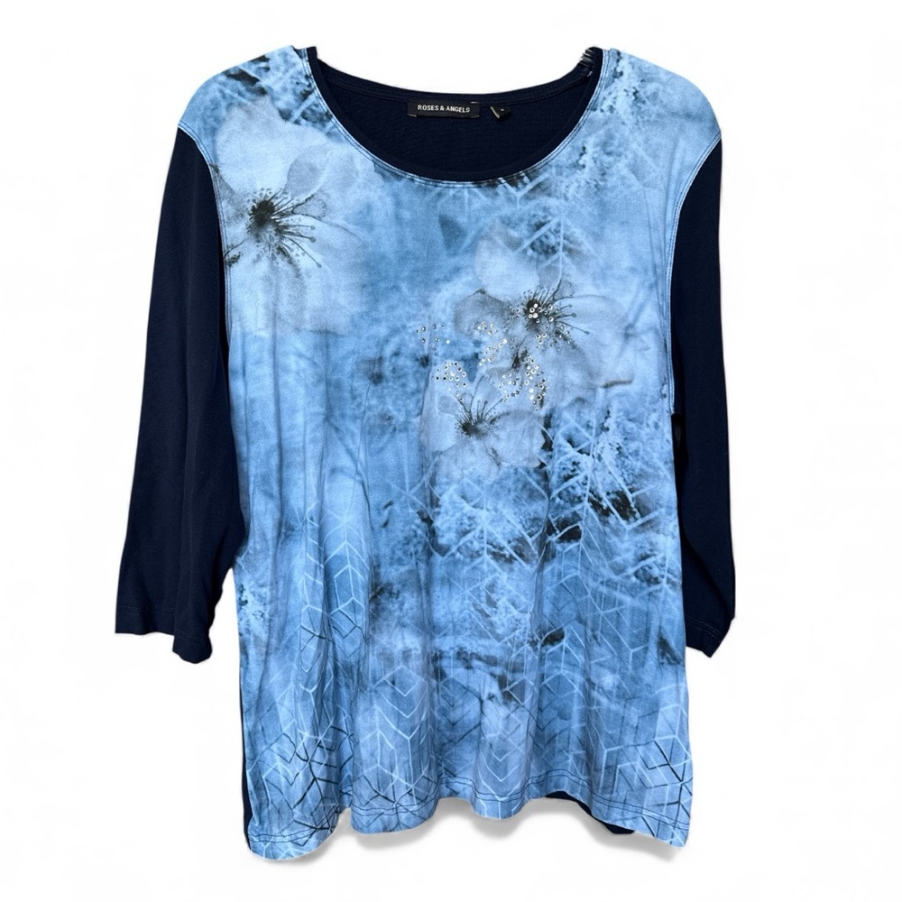 Roses & Angels Blue Floral and Rhinestone Embellishments Size Large - Picture 1 of 7